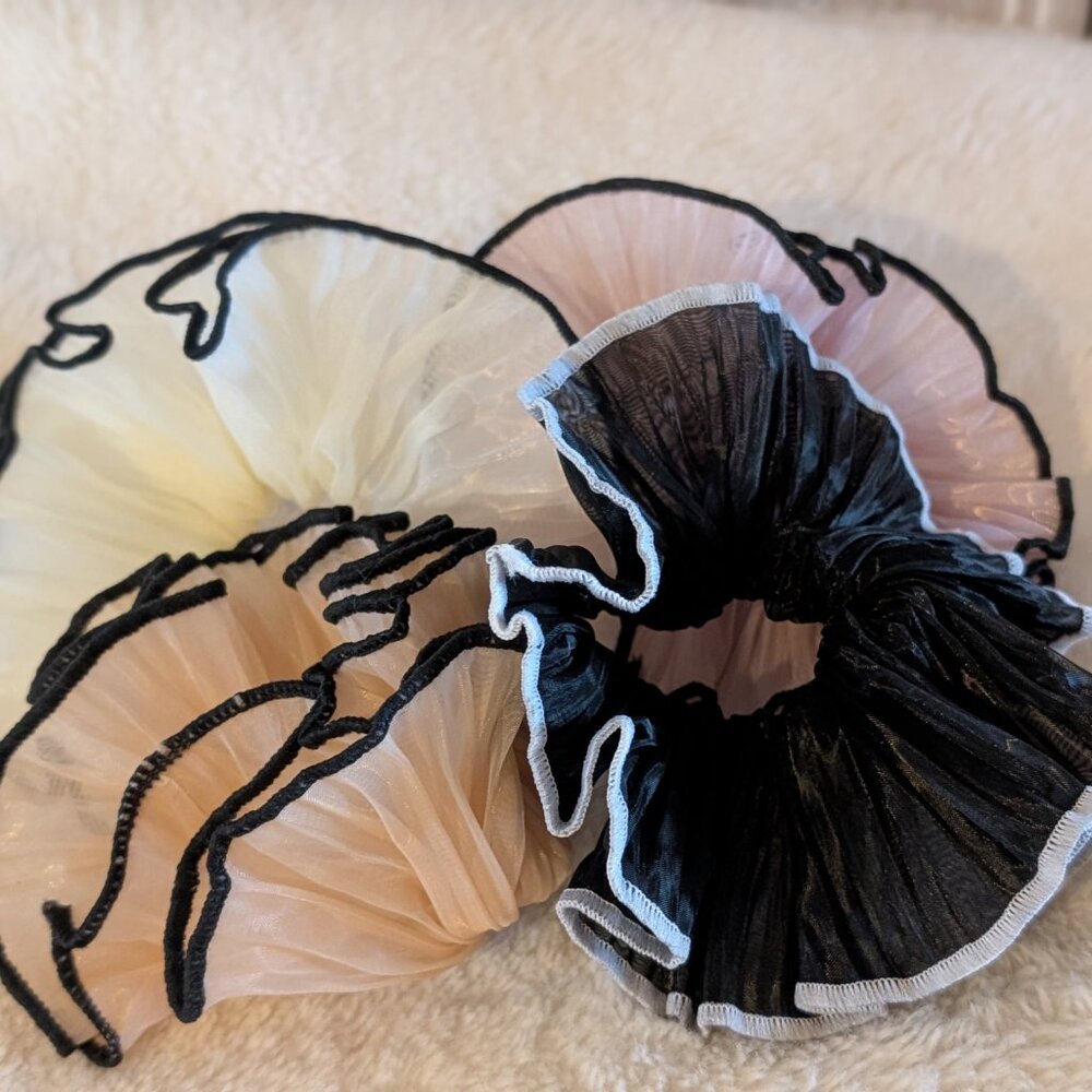 Set of 4 Romantic Tiepology Pleated Organza Scrunchies in Blush, Black, Cream, a